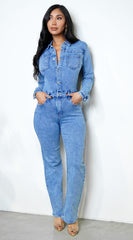 Kaida Straight Leg Long Sleeve Denim Jumpsuit - Blue