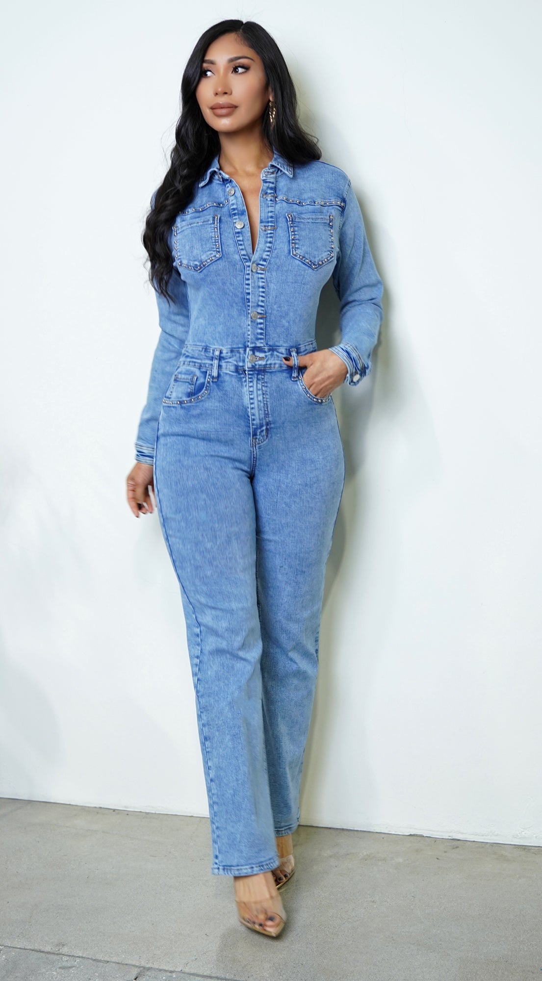 Kaida Straight Leg Long Sleeve Denim Jumpsuit - Blue