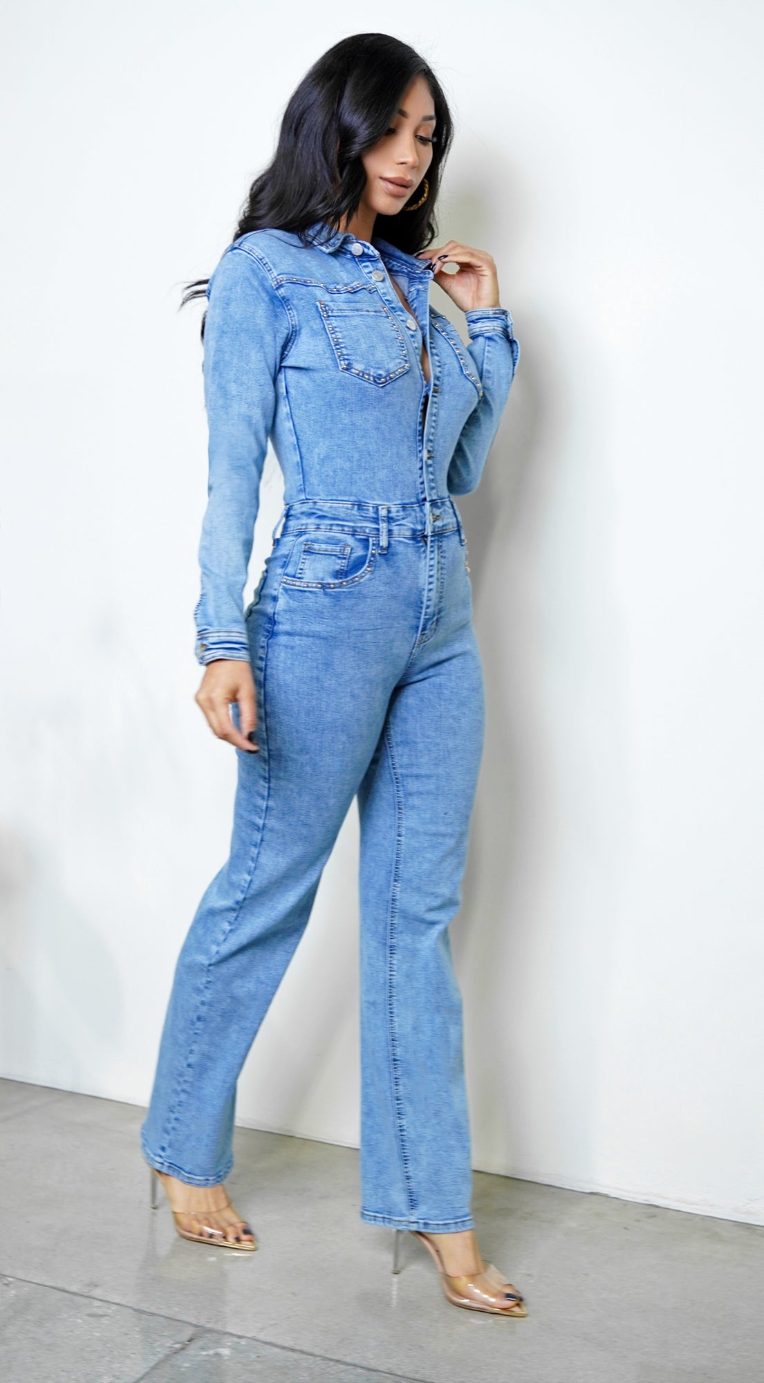 Kaida Straight Leg Long Sleeve Denim Jumpsuit - Blue