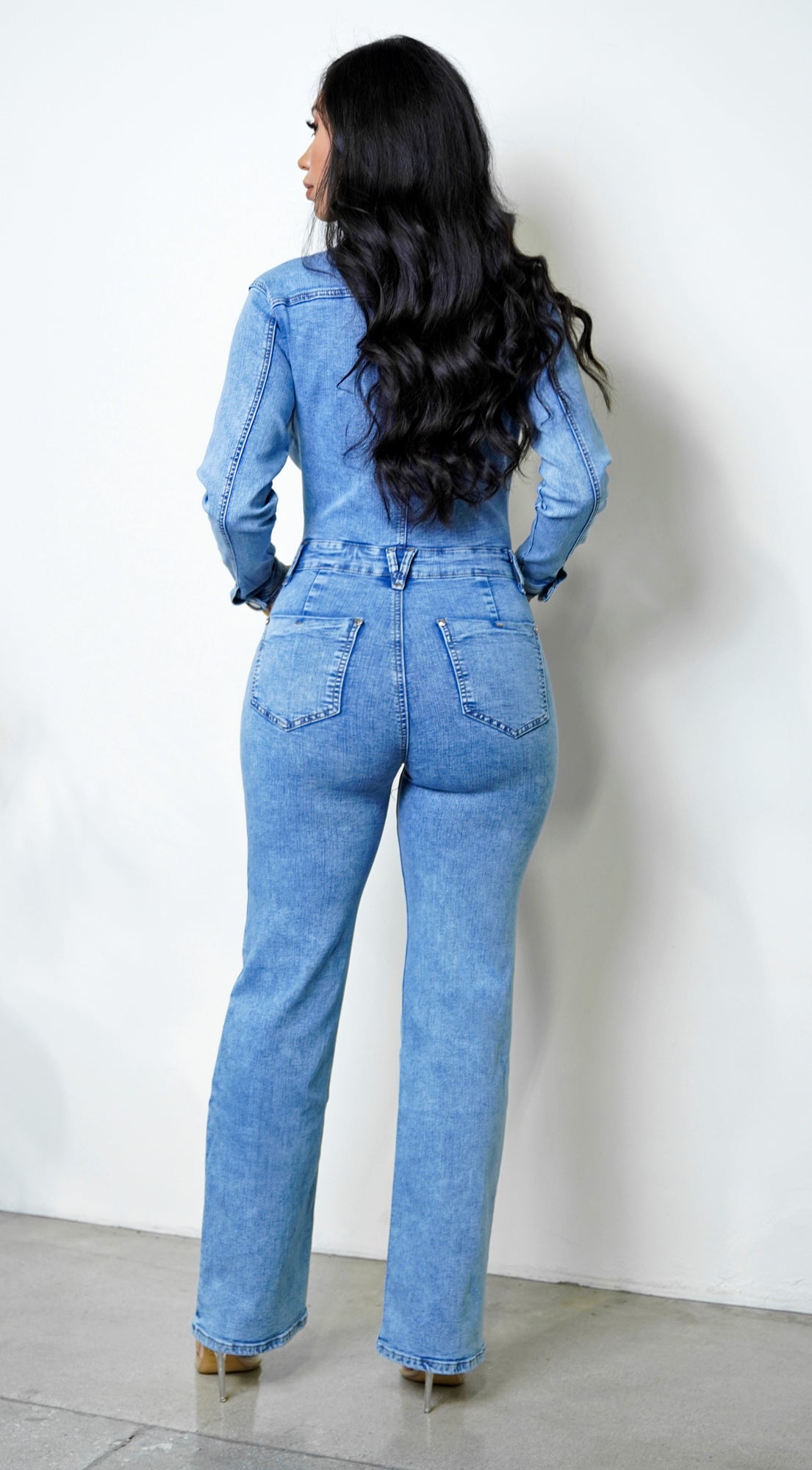 Kaida Straight Leg Long Sleeve Denim Jumpsuit - Blue