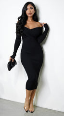 Saphira Off Shoulder Ribbed Midi Dress - Black