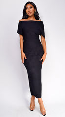 Lucretia One Shoulder Ribbed Midi Dress - Black