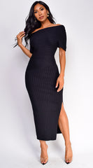 Lucretia One Shoulder Ribbed Midi Dress - Black