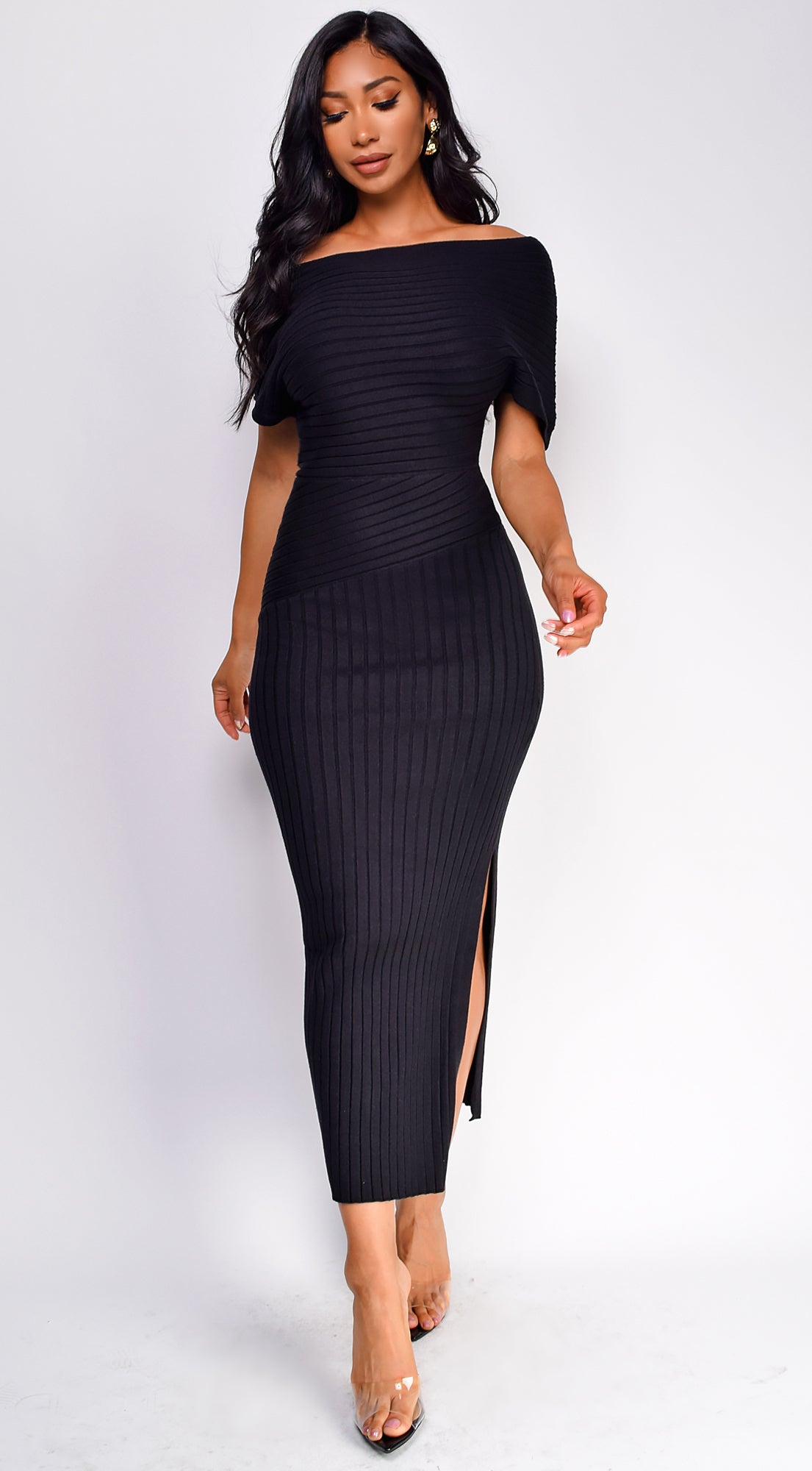 Lucretia One Shoulder Ribbed Midi Dress - Black