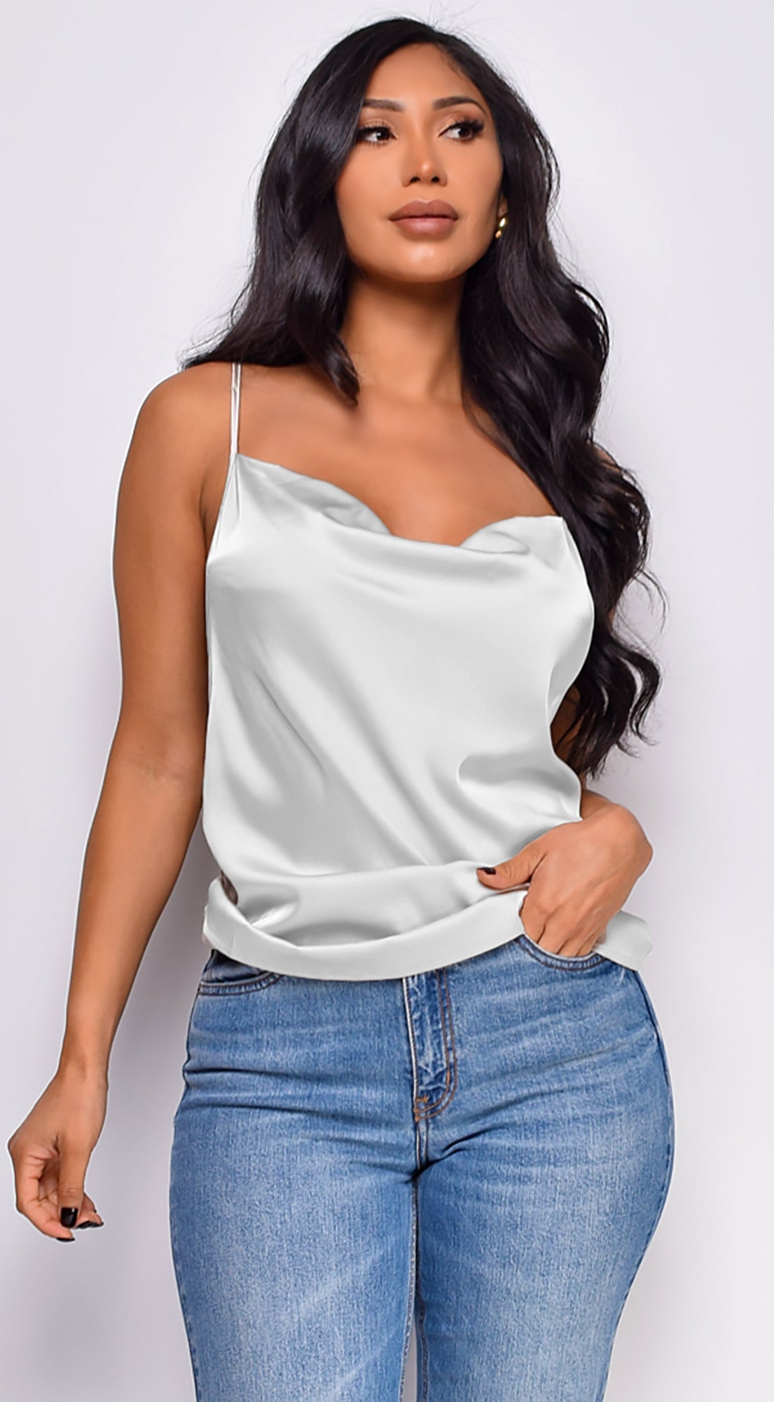 Mireille Satin Charmeuse Cowl Neck Cami Top - Ivory