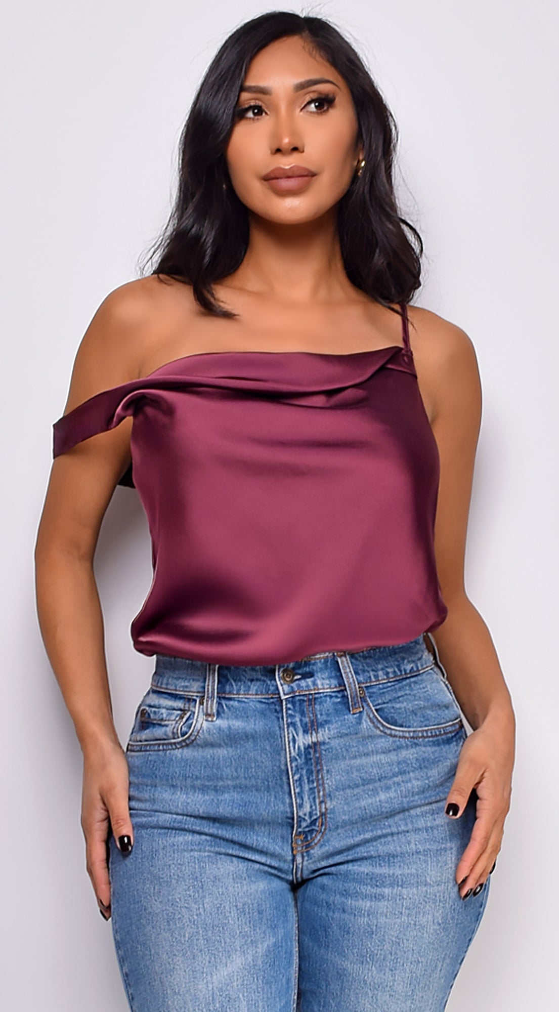 Celestine Satin Cowl Neck Bodysuit - Wine