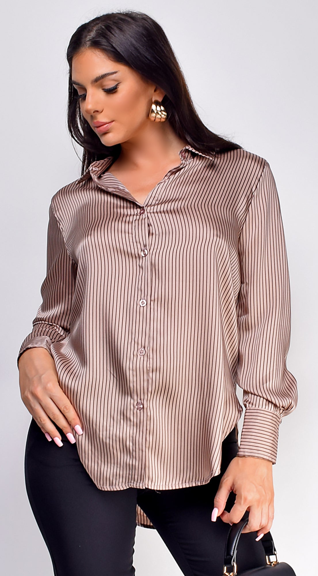 Aletta Pinstripe Button Up Shirt - Brown