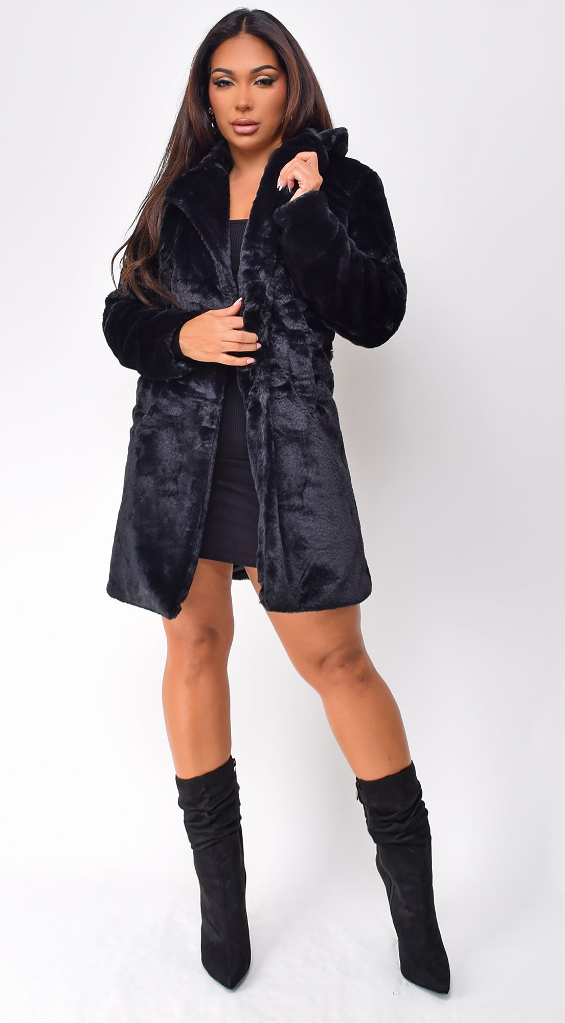 Estonia Faux Fur Button Up Coat - Black