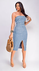 Lucia Denim Front Slit Midi Dress - Light Blue