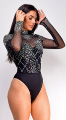 Nihal Rhinestone Bodysuit - Black