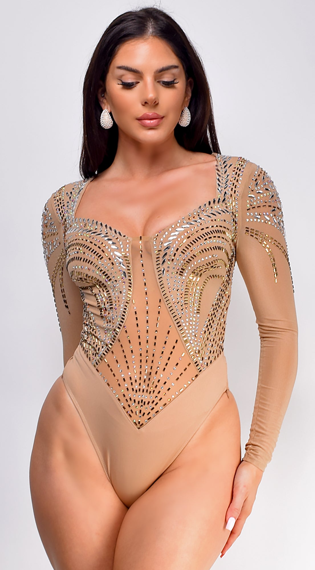 Dalia Rhinestone Bodysuit - Beige