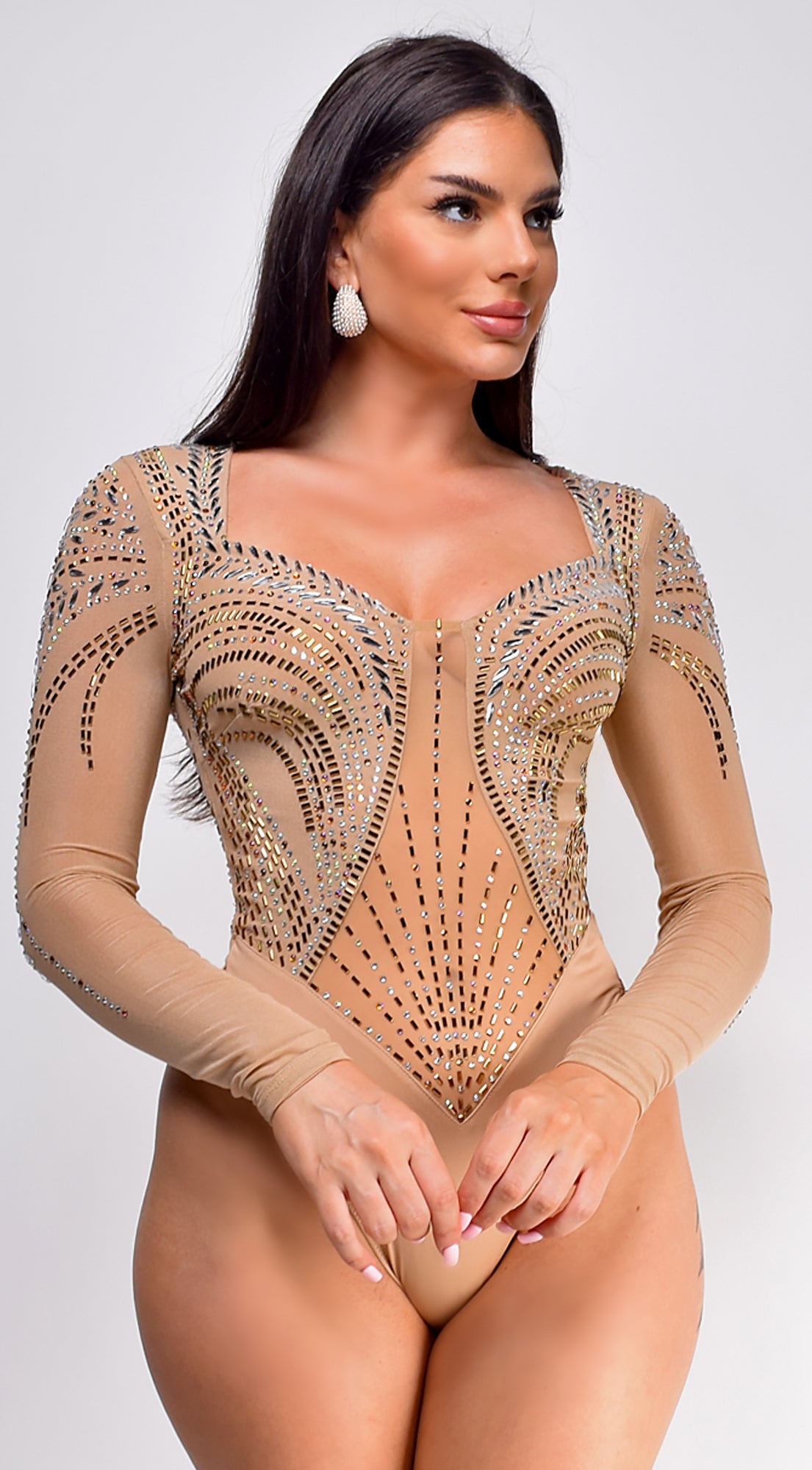 Dalia Rhinestone Bodysuit - Beige