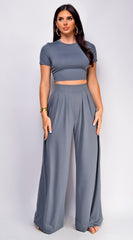 Victoria Wide Leg Pants Set - Gray