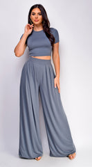 Victoria Wide Leg Pants Set - Gray