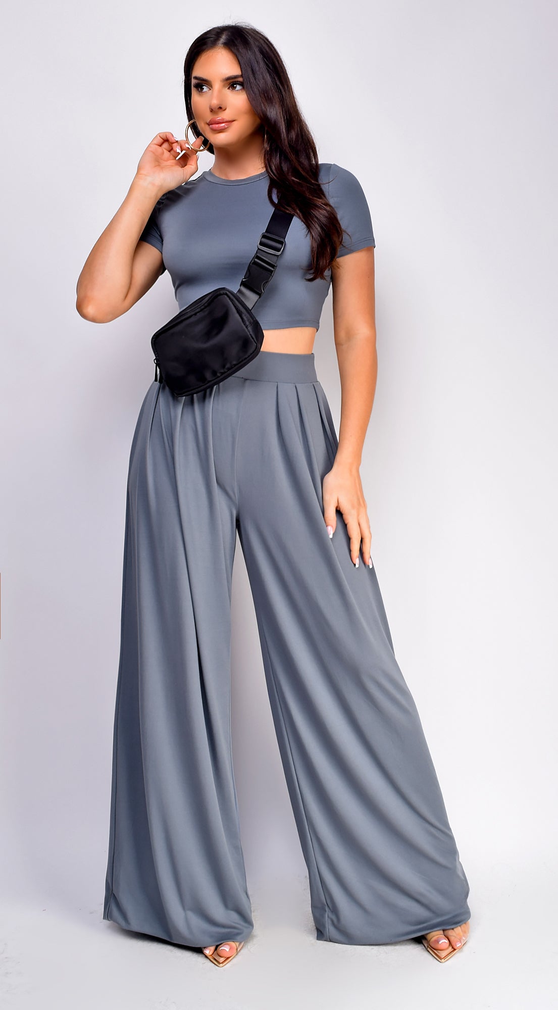 Victoria Wide Leg Pants Set - Gray