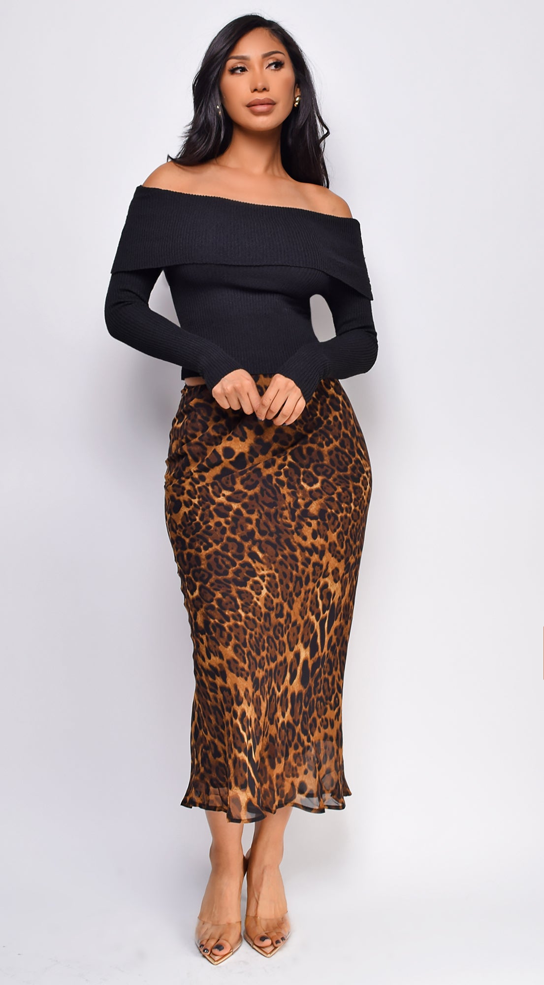 Zofia Leopard Print Midi Skirt - Brown