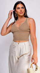 Rey Stripe Button Front Henley Crop Top - Beige