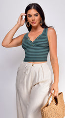 Rey Stripe Button Front Henley Crop Top - Green