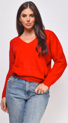 Remy V Neck Drop Shoulder Sweater Top - Red