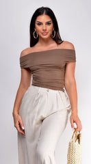 Casey Off Shoulder Top - Brown