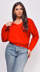 Remy V Neck Drop Shoulder Sweater Top - Red