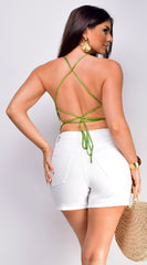 Alania Crochet Stripe Cross Back Top - Green