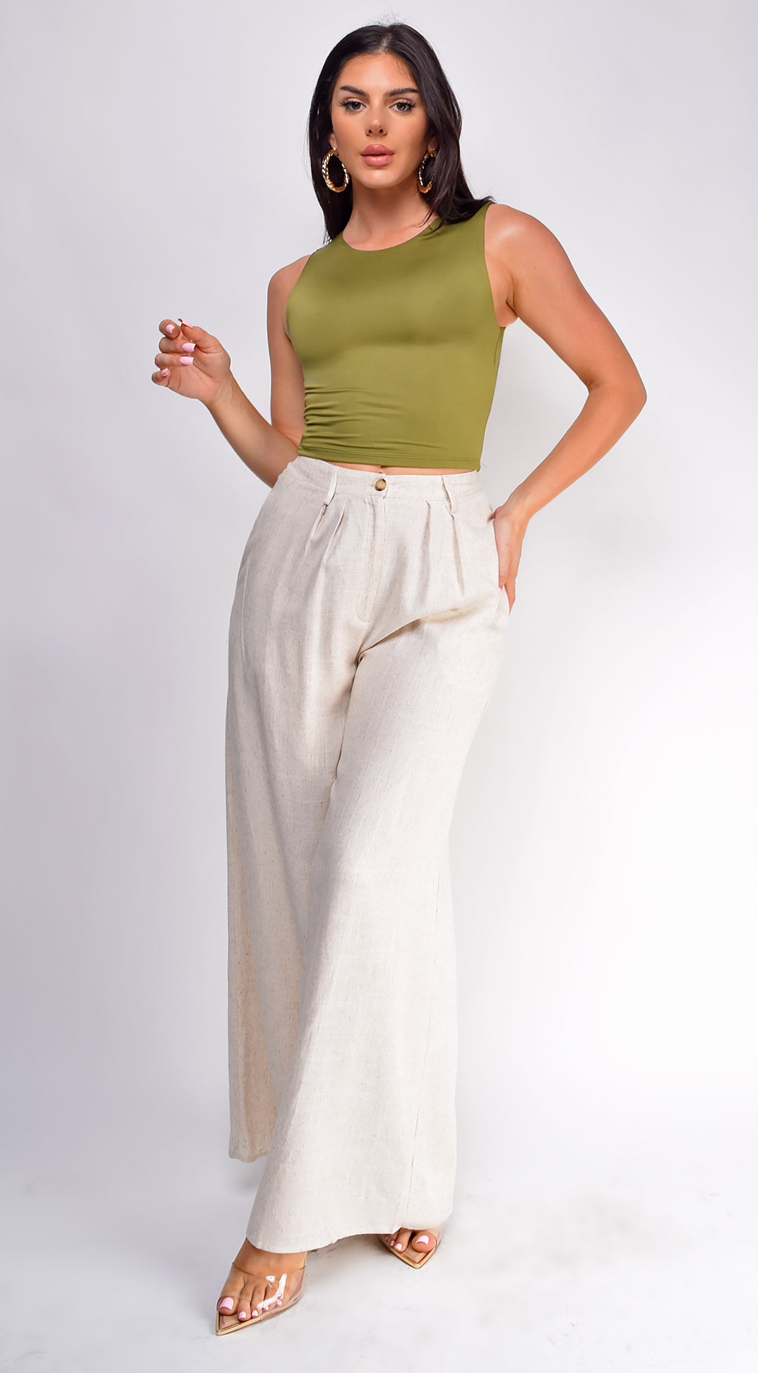 Emma High Waist Linen Pants - Beige