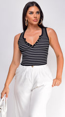 Rey Stripe Button Front Henley Crop Top - Black