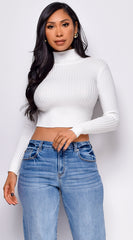 Astraia Basic Turtle Neck Crop Ribbed Sweater Top - Off White