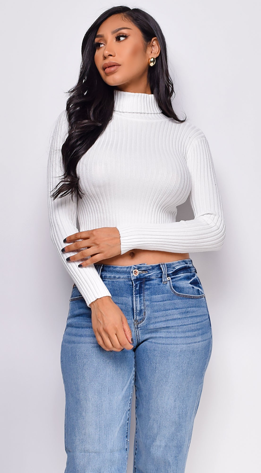 Astraia Basic Turtle Neck Crop Ribbed Sweater Top - Off White