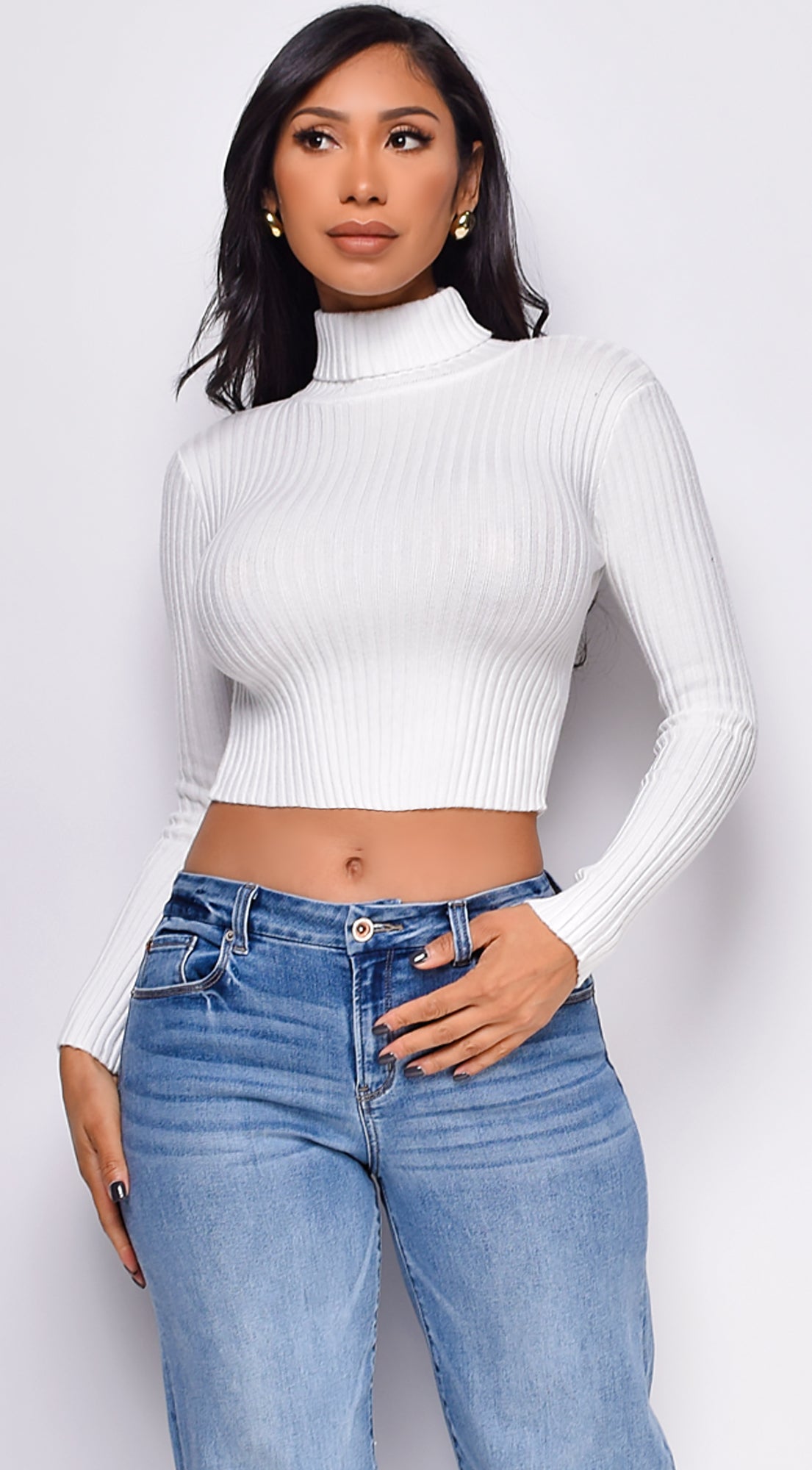 Astraia Basic Turtle Neck Crop Ribbed Sweater Top - Off White