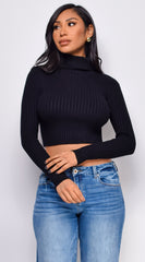 Astraia Basic Turtle Neck Crop Ribbed Sweater Top - Black