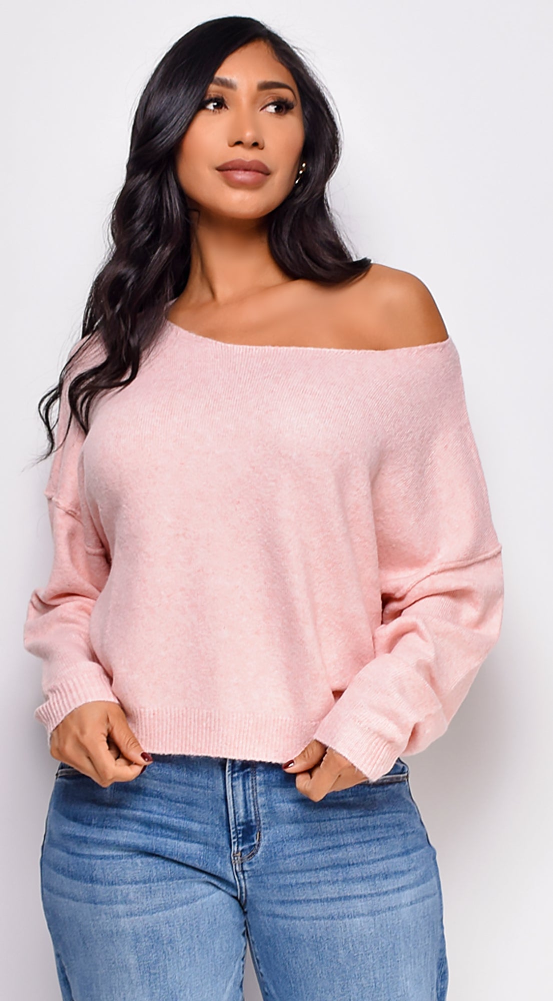 Zaylani Off Shoulder Knit Sweater Top - Pink