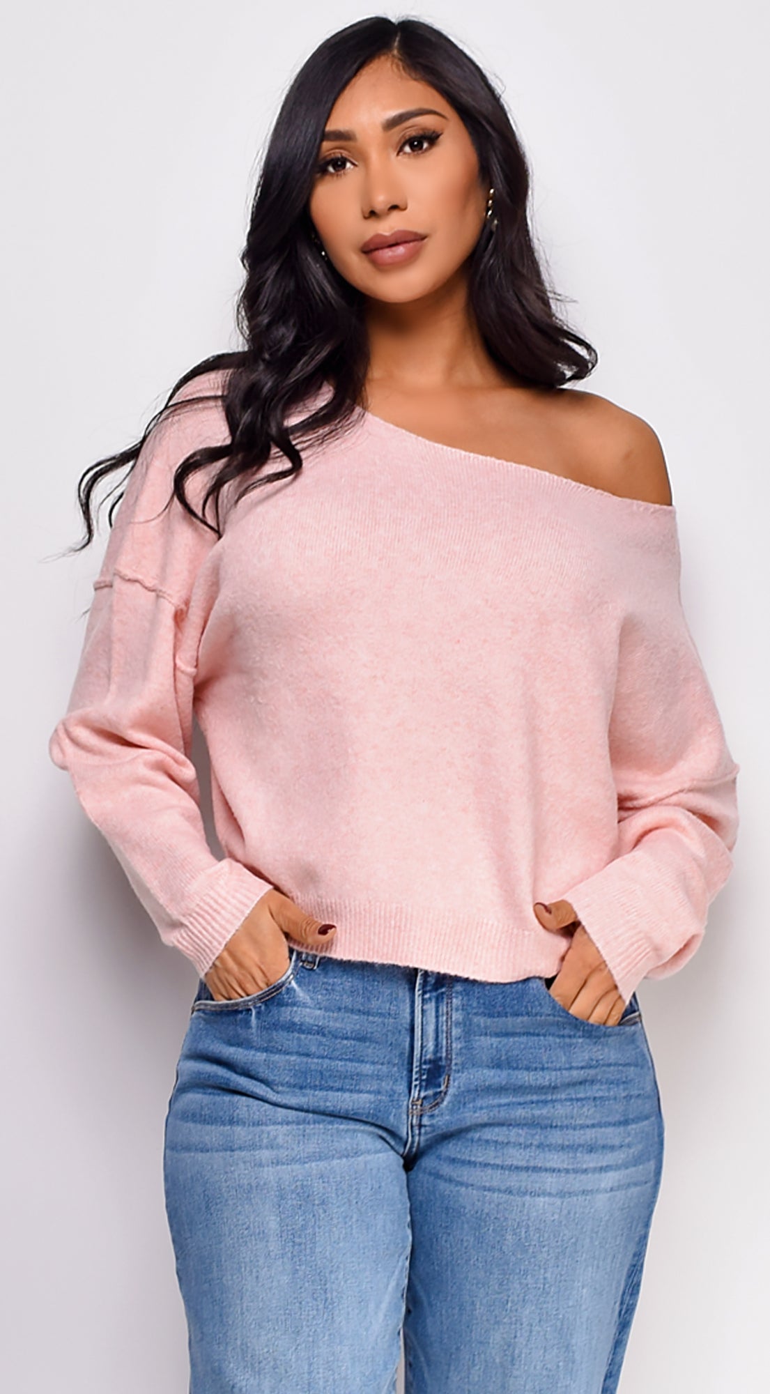 Zaylani Off Shoulder Knit Sweater Top - Pink