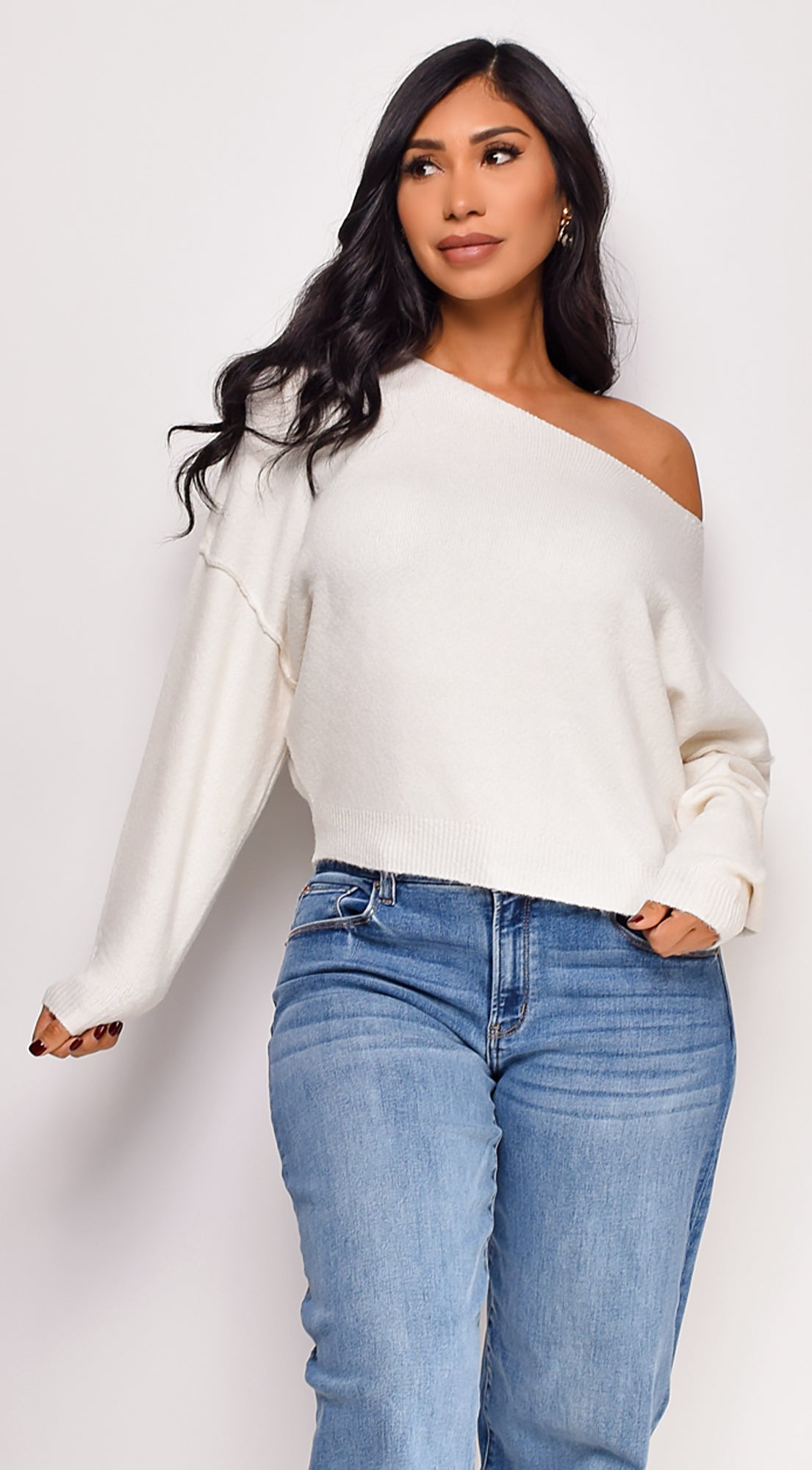 Zaylani Off Shoulder Knit Sweater Top - Ivory