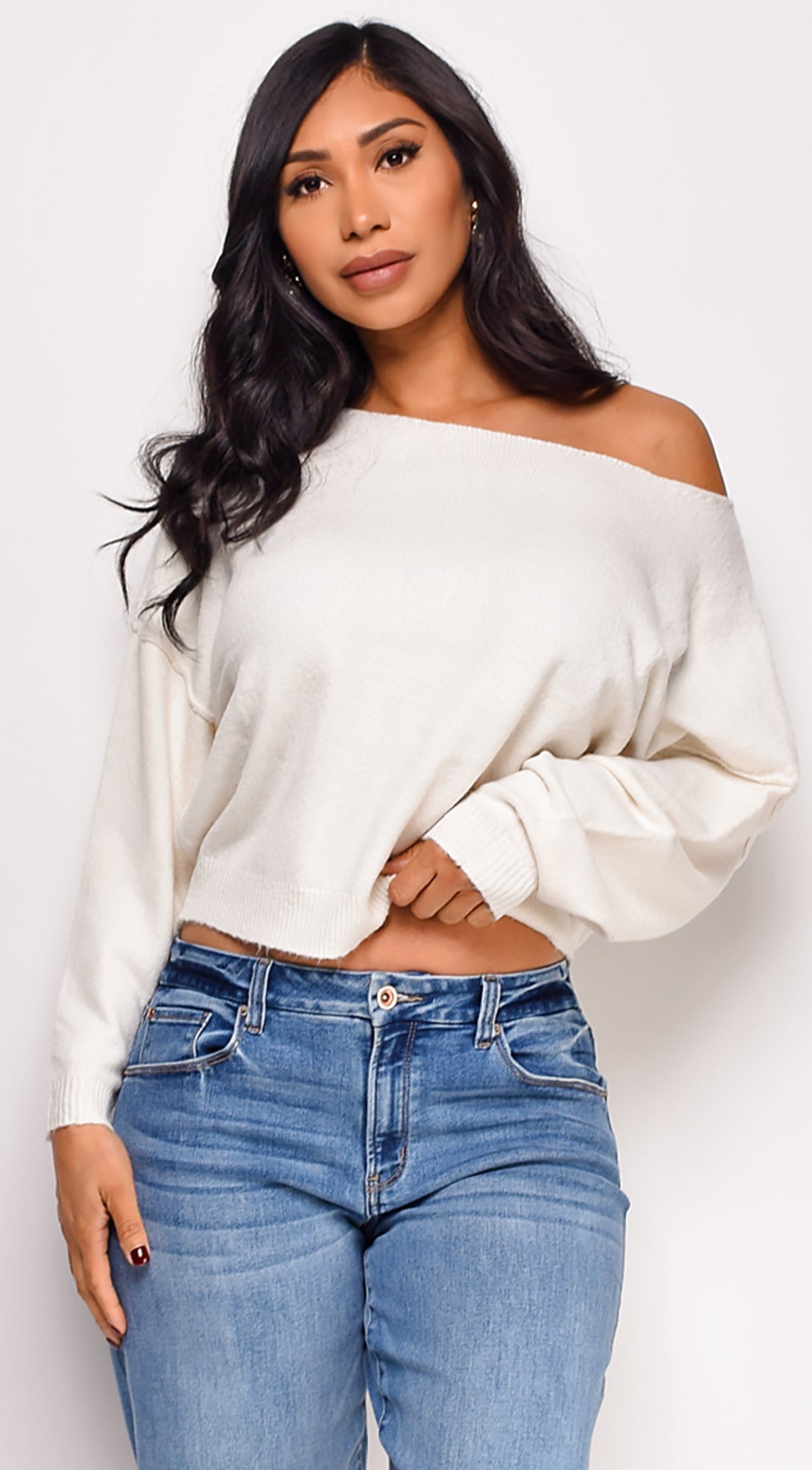 Zaylani Off Shoulder Knit Sweater Top - Ivory