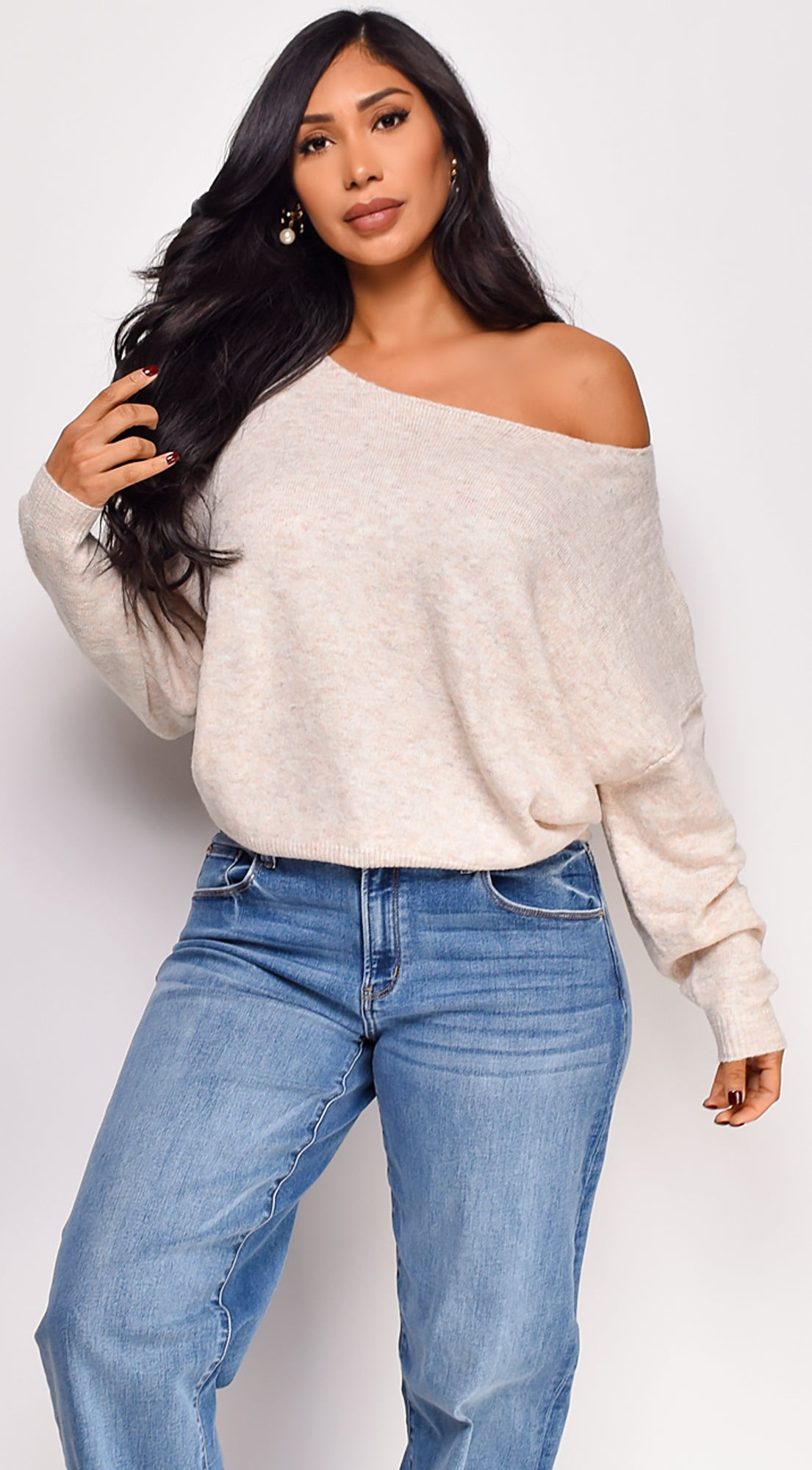 Zaylani Off Shoulder Knit Sweater Top - Beige