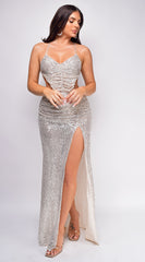 Azara Nude Silver Open Cross Back Sequin Gown