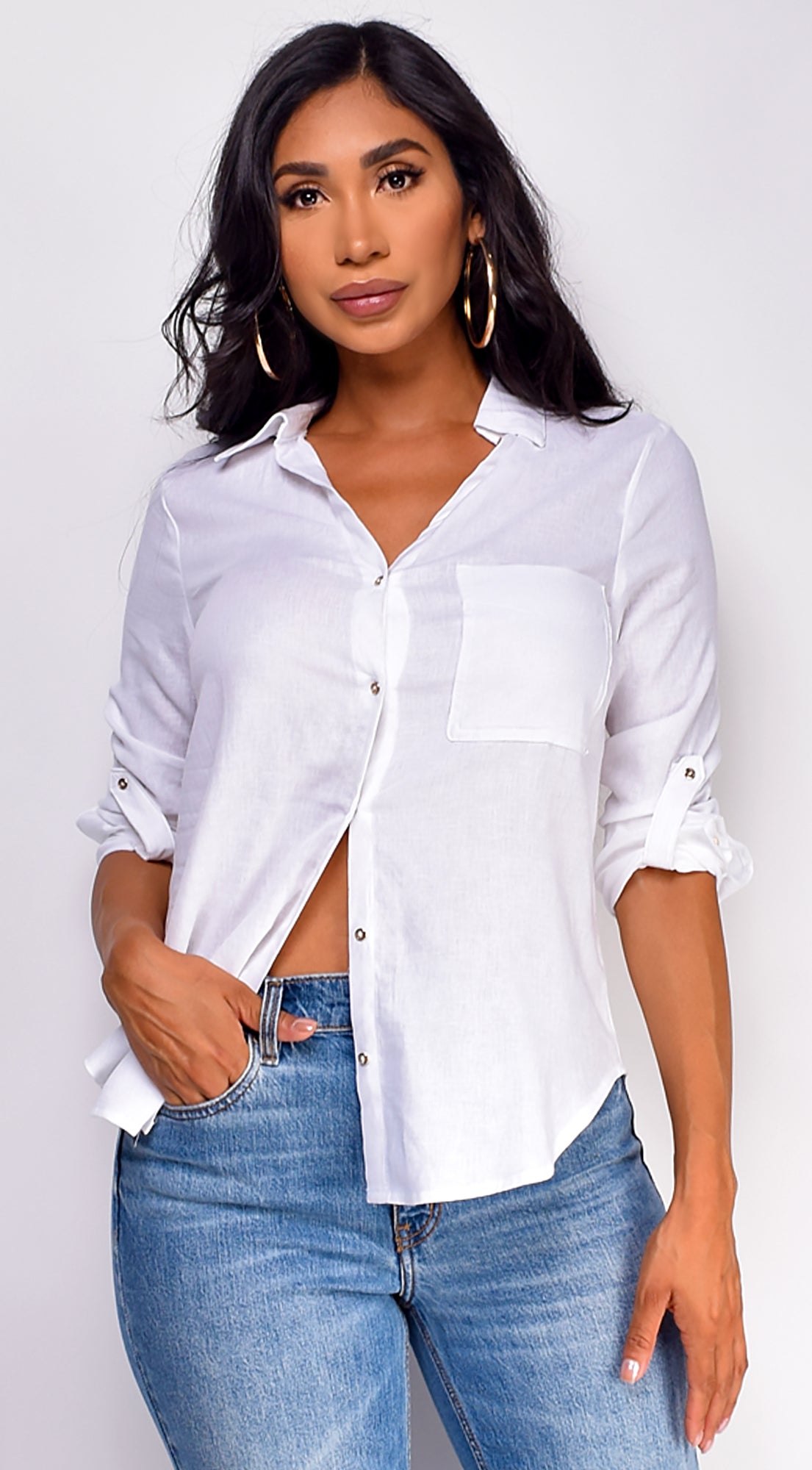 Rasha Linen Button Down Classic Shirt - White