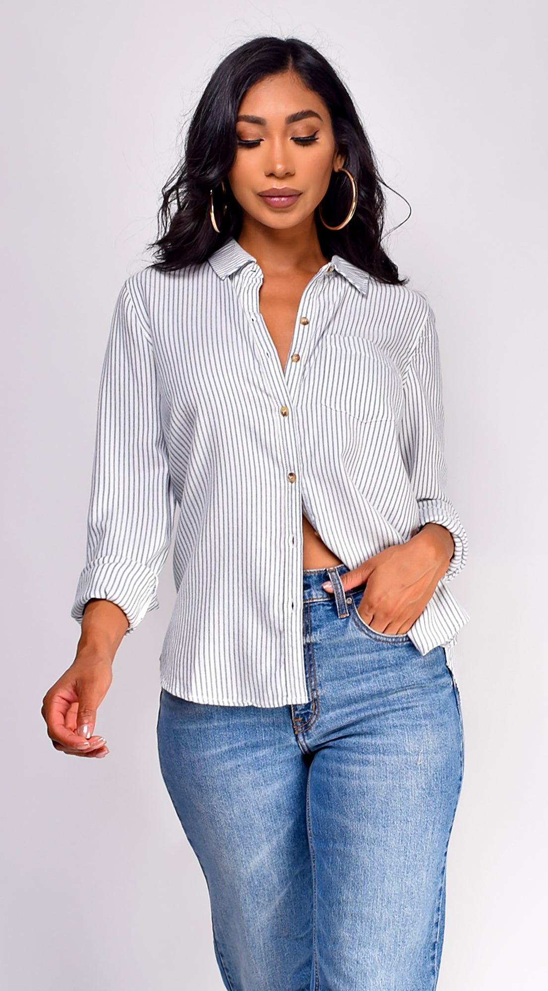 Nawal Pinstripe Button Down Shirt - Blue