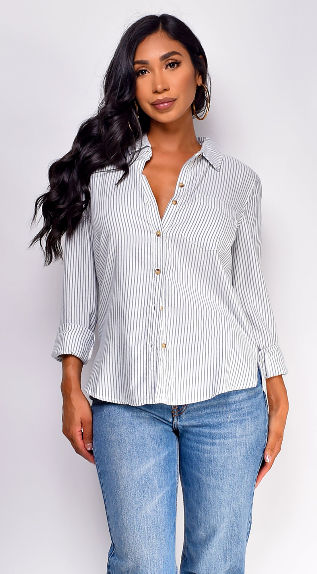 Nawal Pinstripe Button Down Shirt - Blue