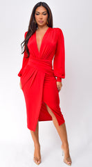 Natasa Long Sleeve Wrap Midi Dress - Red