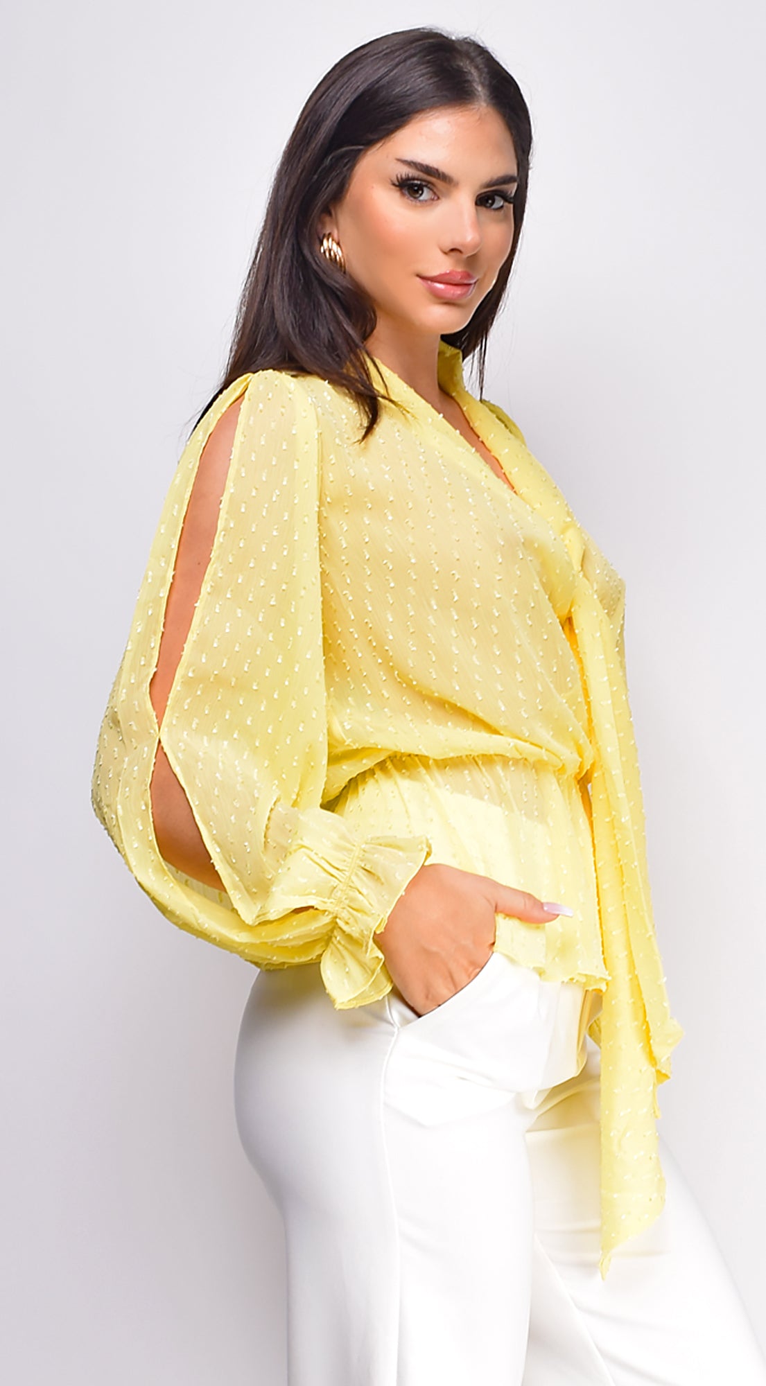 Elle Swiss Dot Front Tie Blouse Top - Yellow