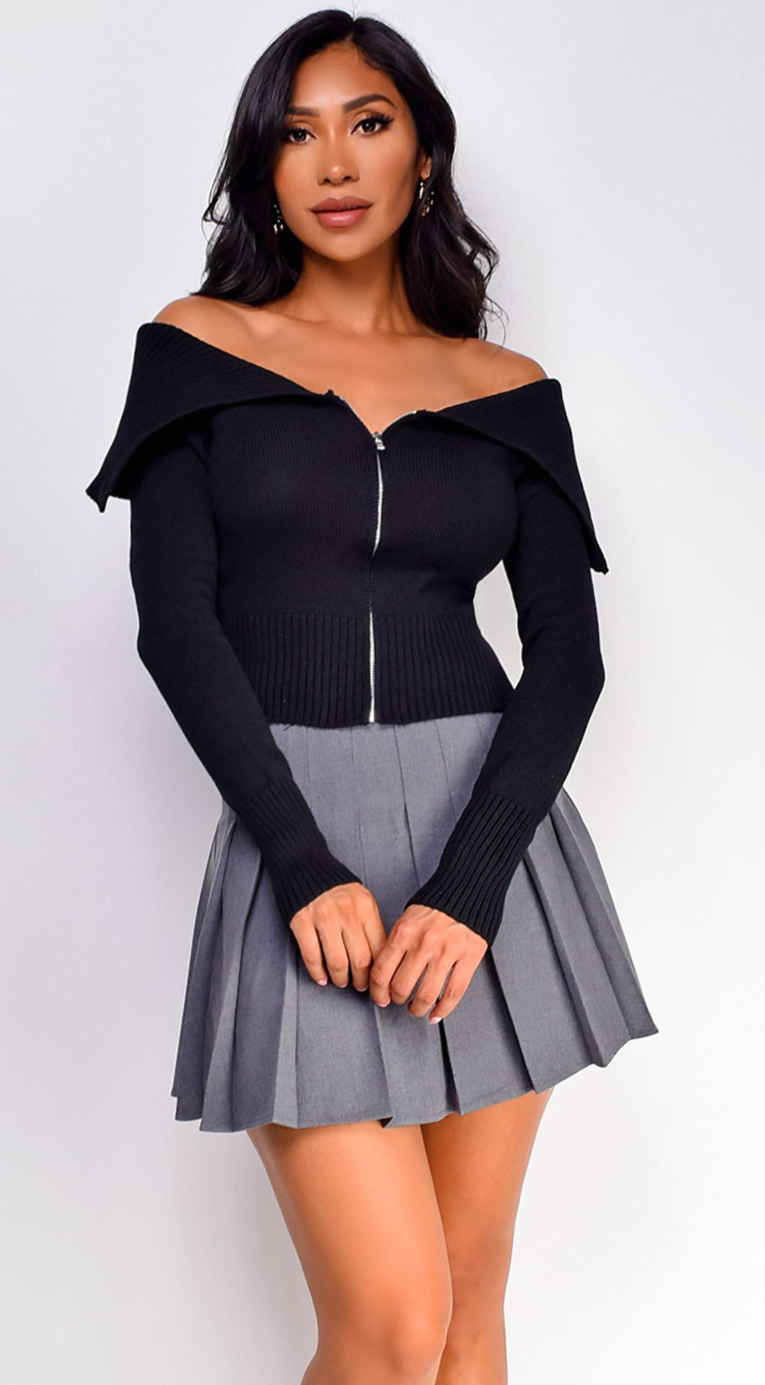 Annie Off Shoulder Zip Up Sweater Top