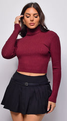 Astraia Basic Turtle Neck Crop Ribbed Sweater Top - Burgundy