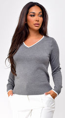 Laleh Varsity V Neck Sweater Top - Gray