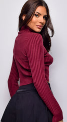 Astraia Basic Turtle Neck Crop Ribbed Sweater Top - Burgundy