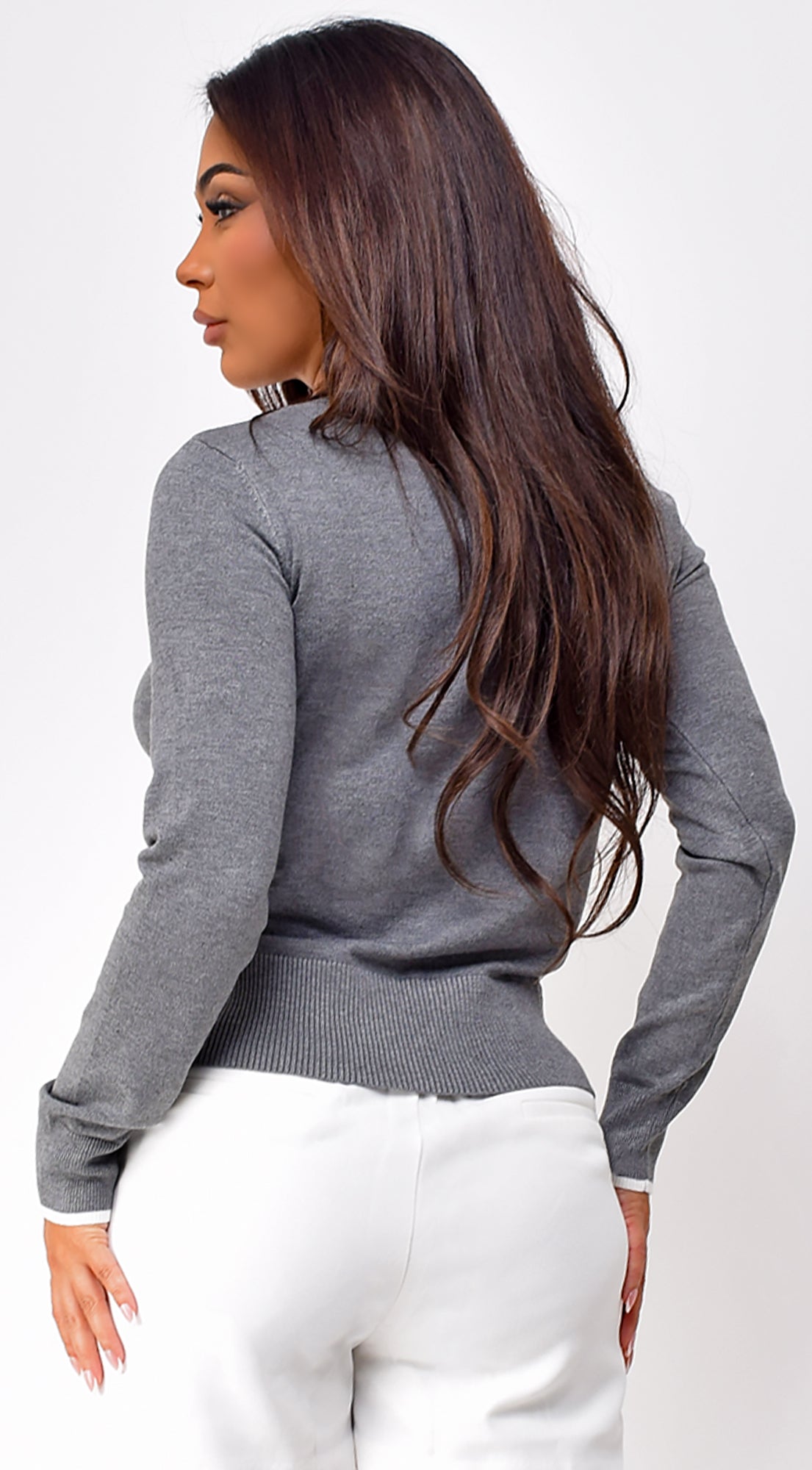 Laleh Varsity V Neck Sweater Top - Gray