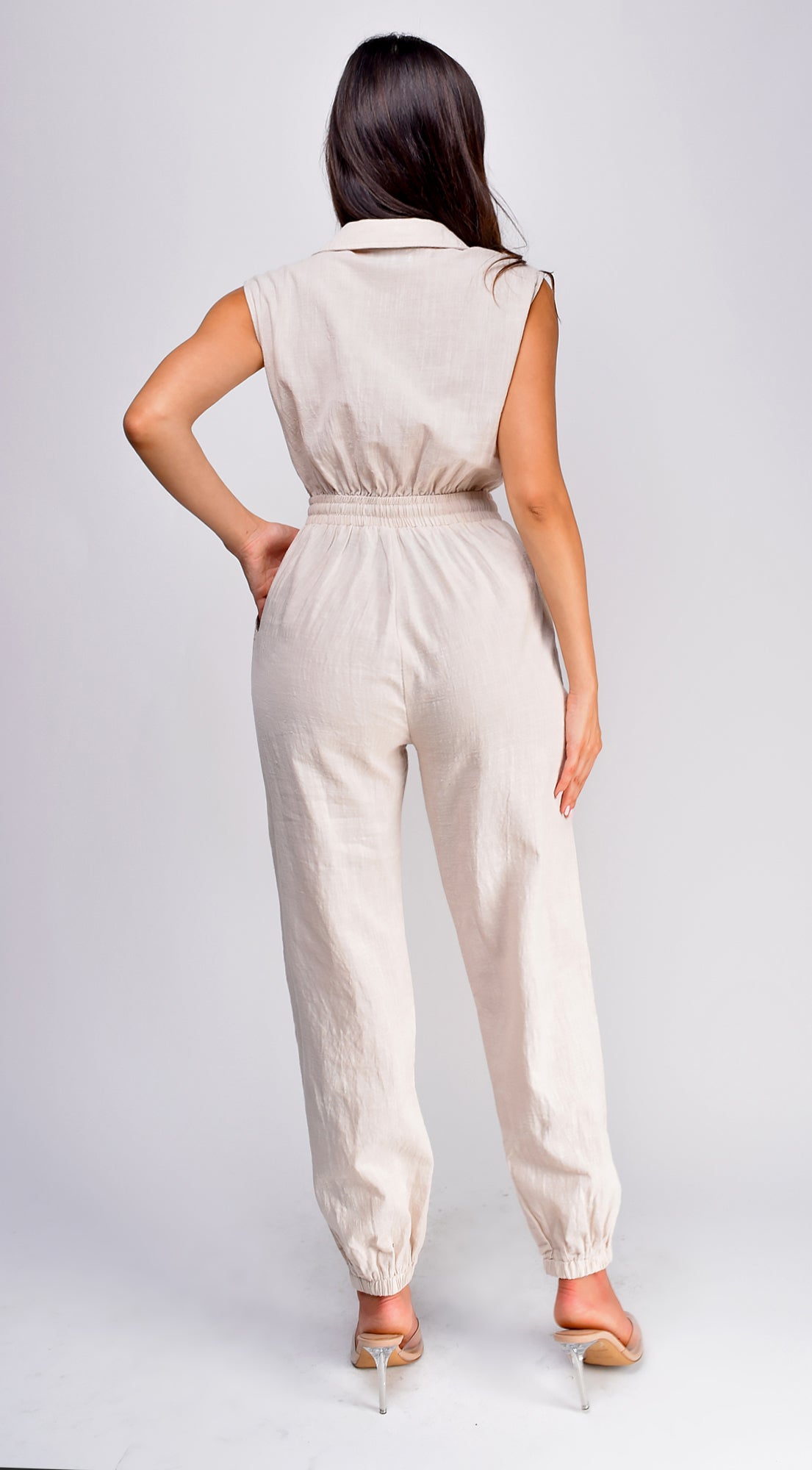 Cyril Button Down Pocket Jumpsuit - Beige