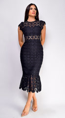 Phoebe Eyelet Lace Ruffle Midi Dress - Black